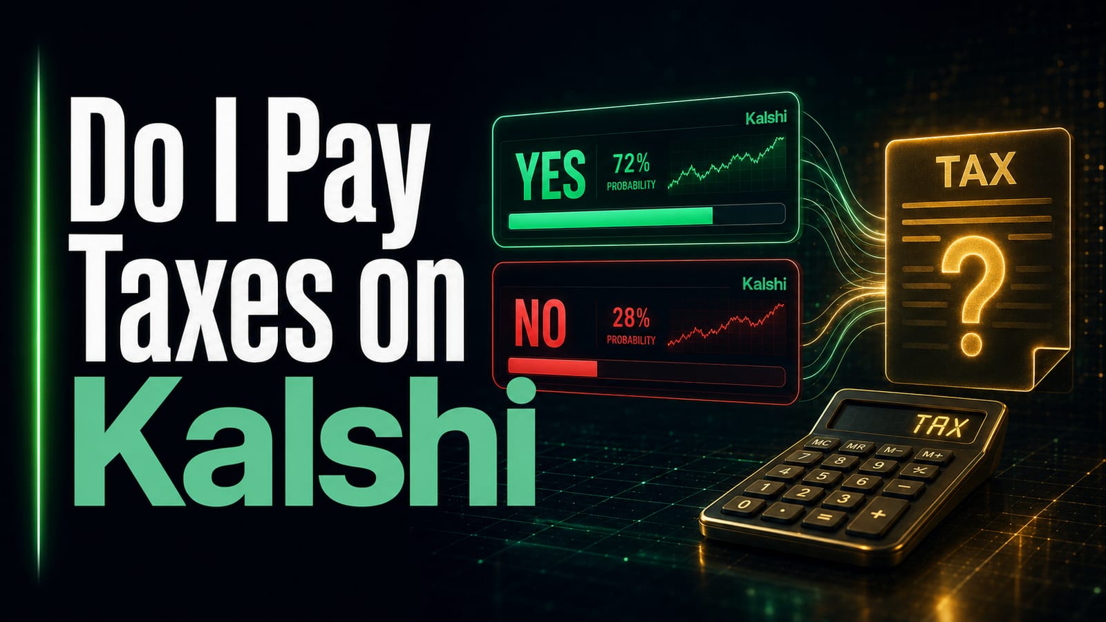 Do I Pay Taxes on Kalshi — a green Kalshi YES card showing 72% probability and a red Kalshi NO card showing 28% probability, beside a glowing gold tax document marked with a question mark and a calculator whose display reads TAX