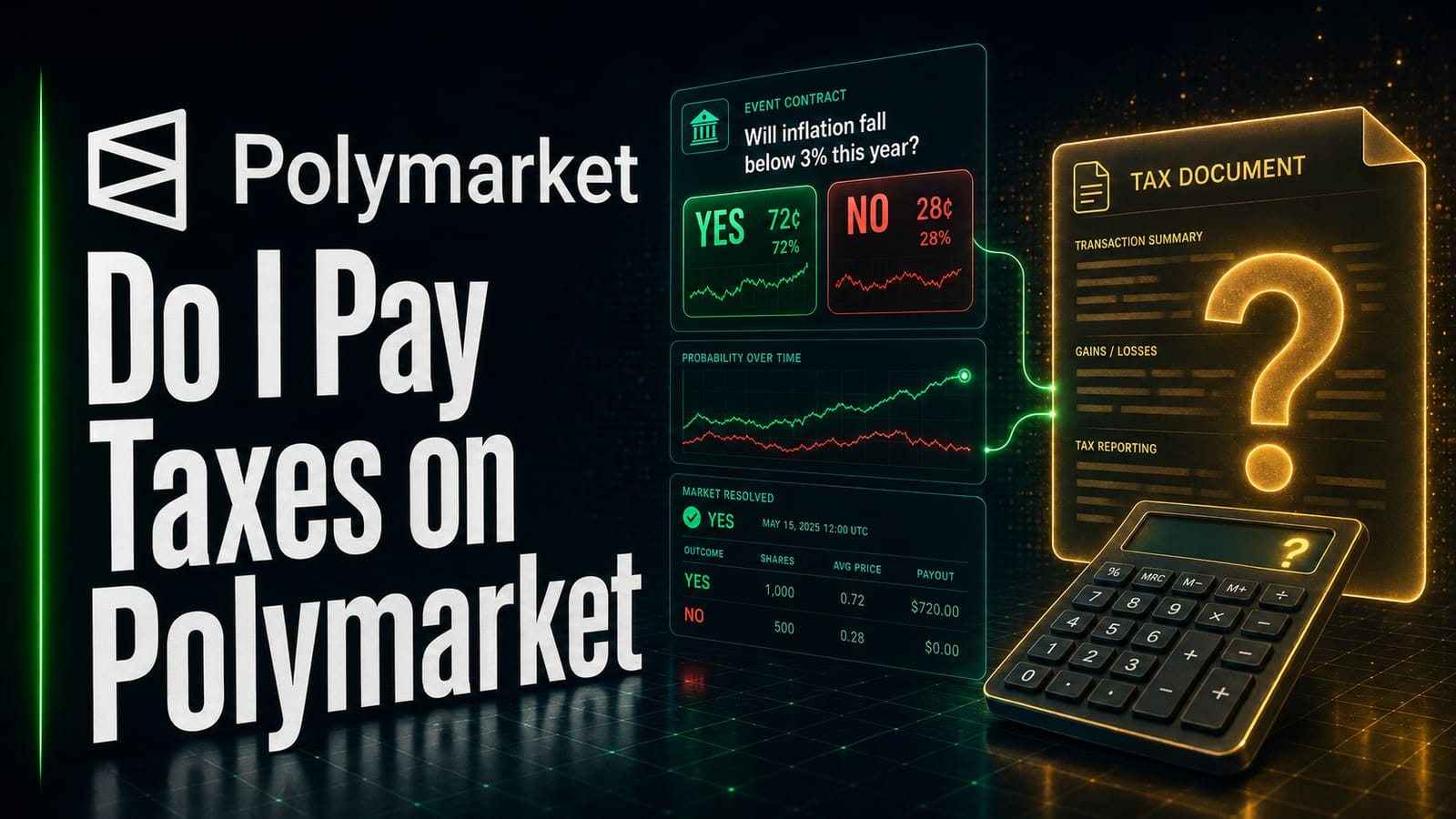 Do I pay taxes on Polymarket — a resolved event contract and payout table beside a tax document marked with a question mark