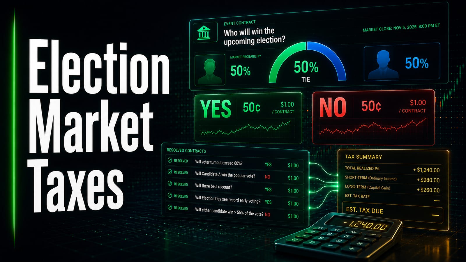 Election market taxes illustration — an event contract on an upcoming election at 50/50 market probability, YES and NO tiles at 50¢ settling at $1.00, five resolved election contracts, and a tax summary splitting $1,240 of realized profit into short-term ordinary income and long-term capital gain