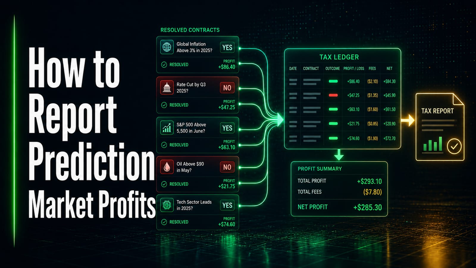How to report prediction market profits — five resolved event contracts with their profit figures feeding a tax ledger of dates, outcomes, profit and loss, fees and net amounts, a profit summary netting $285.30, and a tax report document