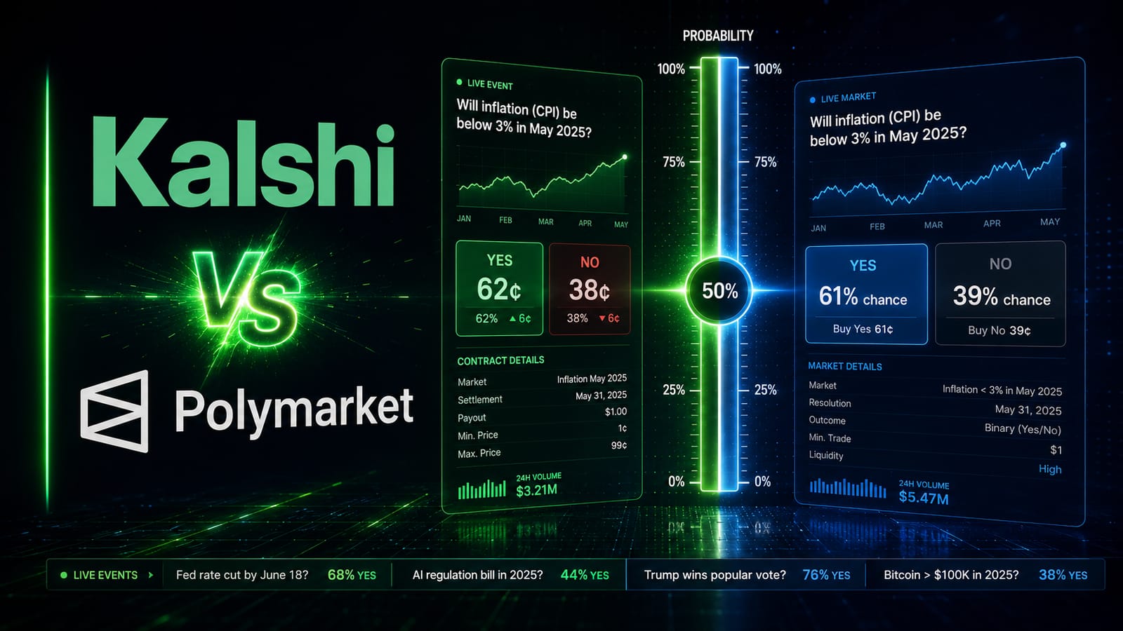Kalshi vs Polymarket taxes — the same event contract shown side by side on a dollar-settled exchange and a USDC-settled platform