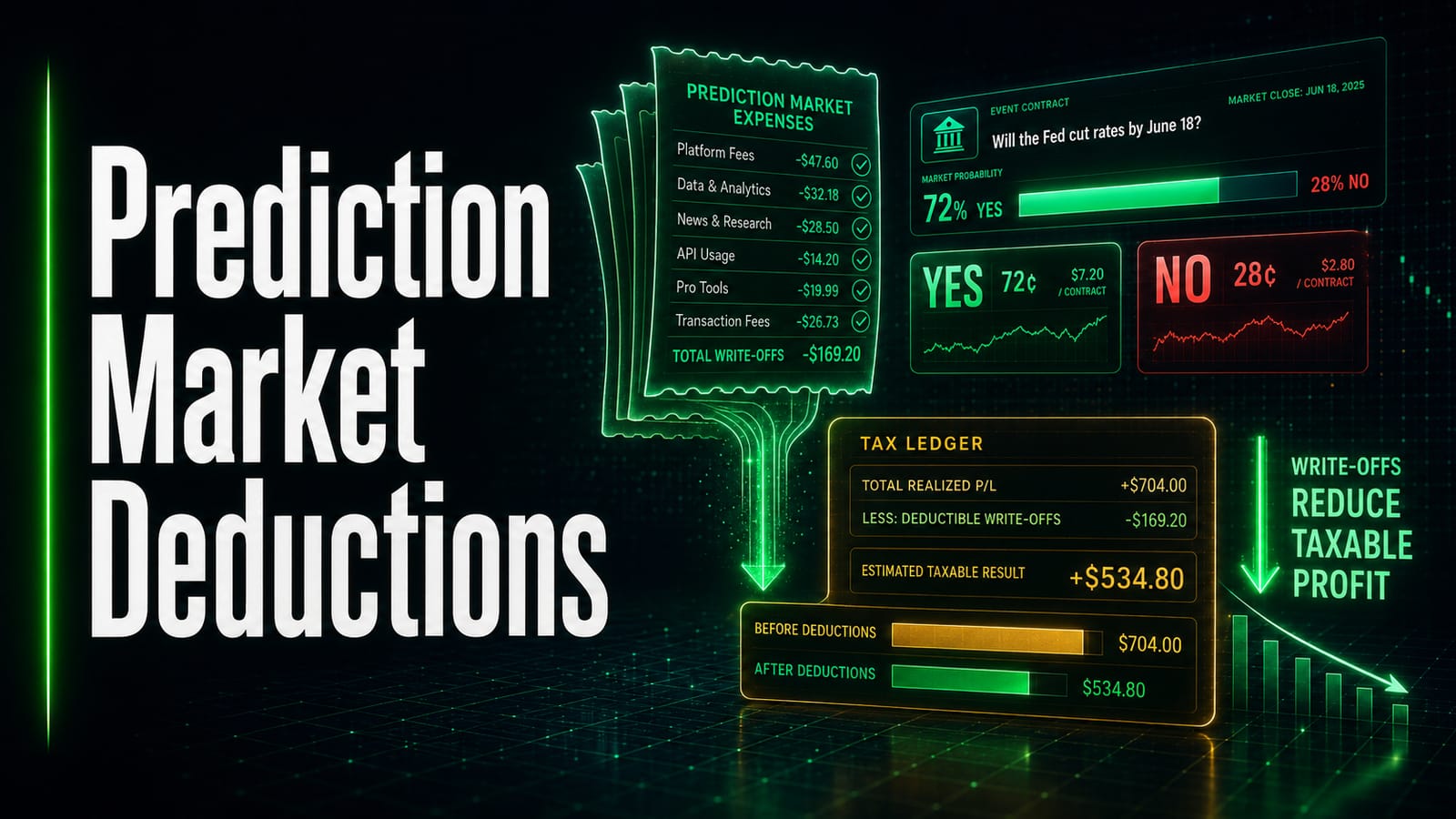 A prediction market expense receipt listing platform fees, data and analytics, news and research, API usage, pro tools and transaction fees totalling $169.20 of write-offs, beside an event-contract probability card and a tax ledger reducing $704.00 of realized profit to a $534.80 taxable result.