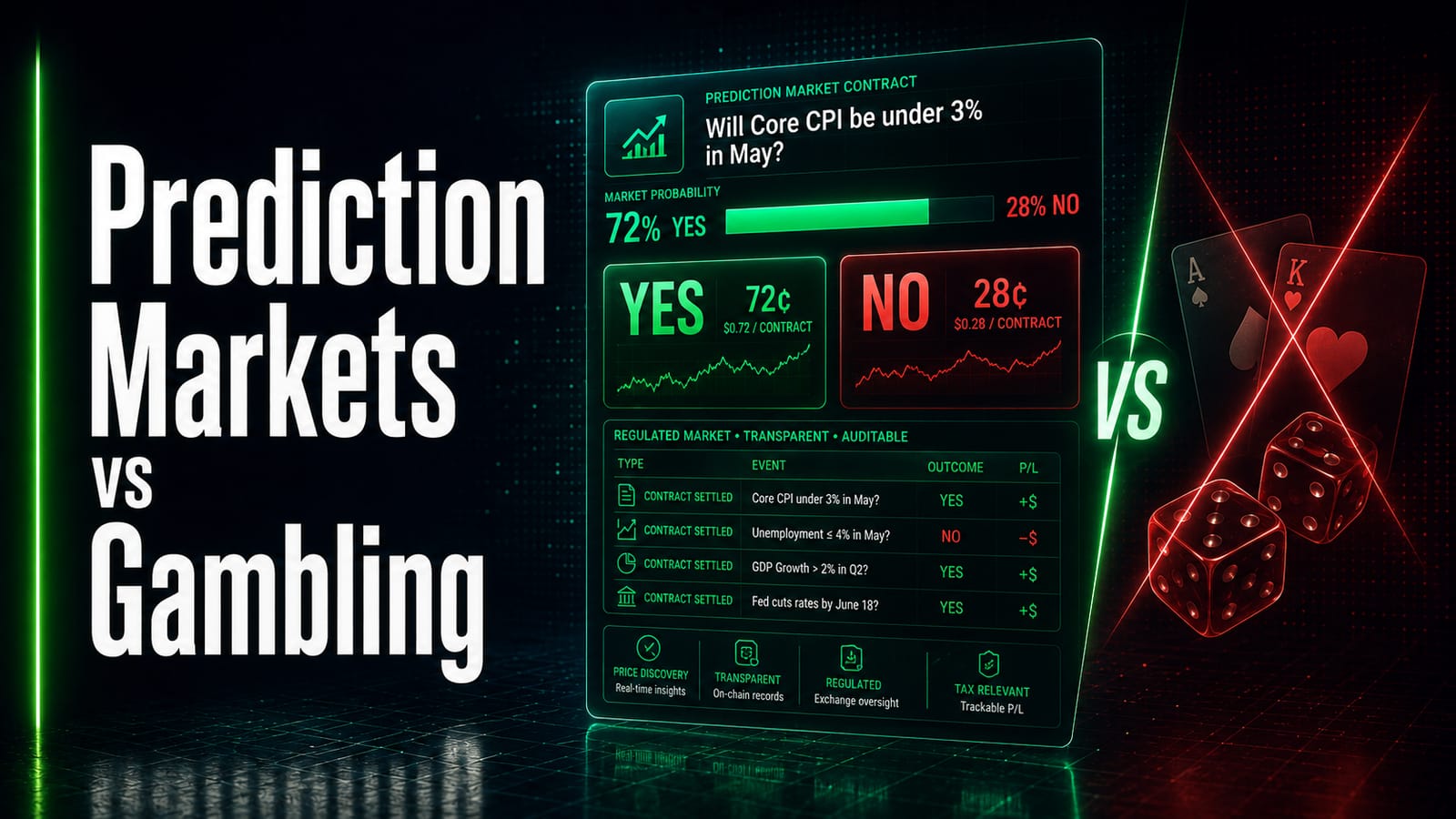 Prediction markets versus gambling — a regulated event-contract market with settled trades set against crossed-out dice and playing cards