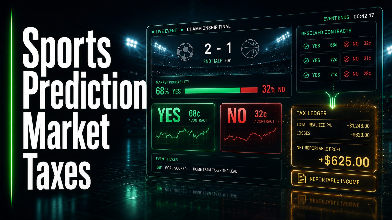 Sports prediction market taxes — a live championship scoreboard with YES and NO contract prices feeding a tax ledger showing net reportable profit
