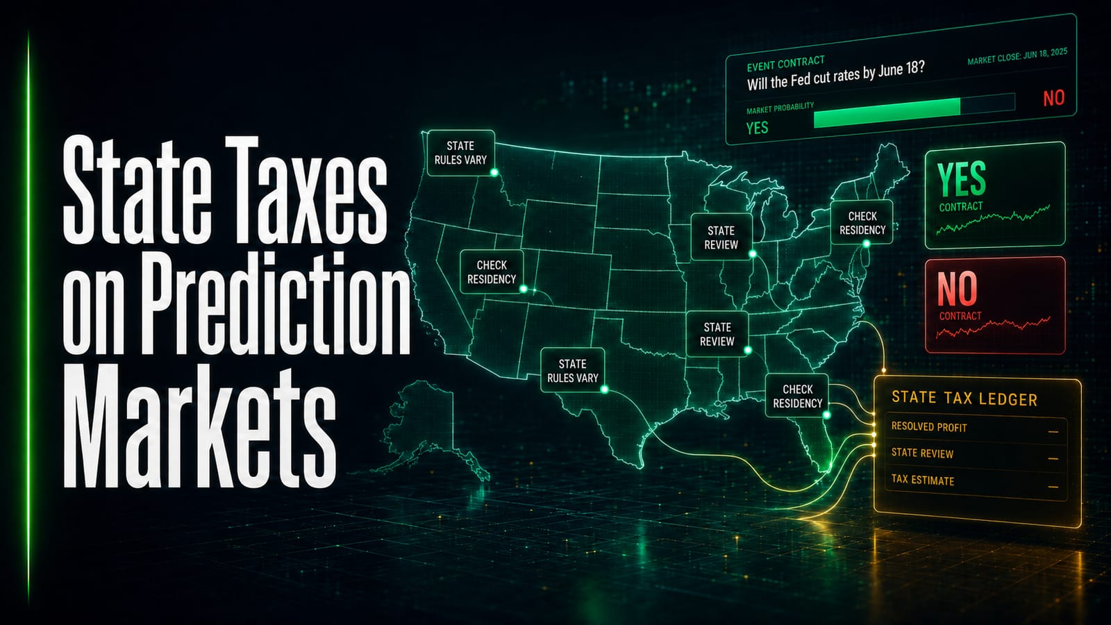 State taxes on prediction markets — a US map with state rules vary and check residency markers beside an event contract and a state tax ledger